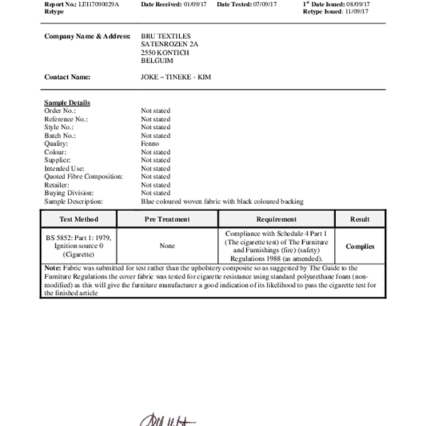 fenno - flammability BS 5852 1979 EN 1021 1